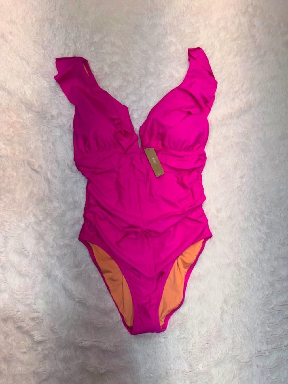 J. Crew Ruched Ruffle One-Piece Swimsuit Fuchsia Pink Vneck NEW Re-imagined 12 - Picture 2 of 5